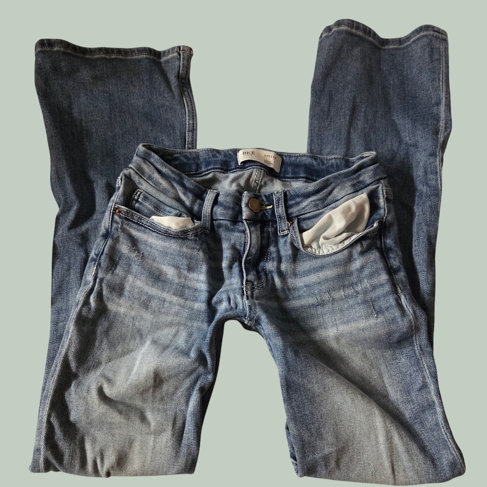 BKE‎ Stella Low Rise Bootcut Jeans Distressed Y2K Slim Fit Blue Denim 24 x 28.5